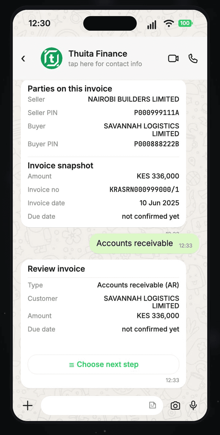 Thuita Finance WhatsApp invoice review showing KRA PINs, customer details, amount, and accounts receivable next step